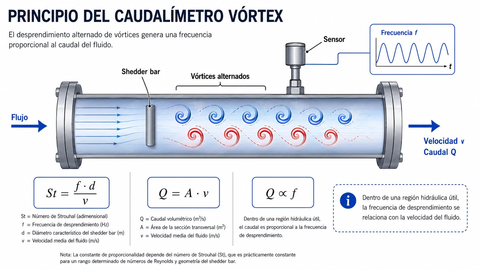 Principio de un caudalímetro Vórtex con cuerpo generador y calle de vórtices de Kármán