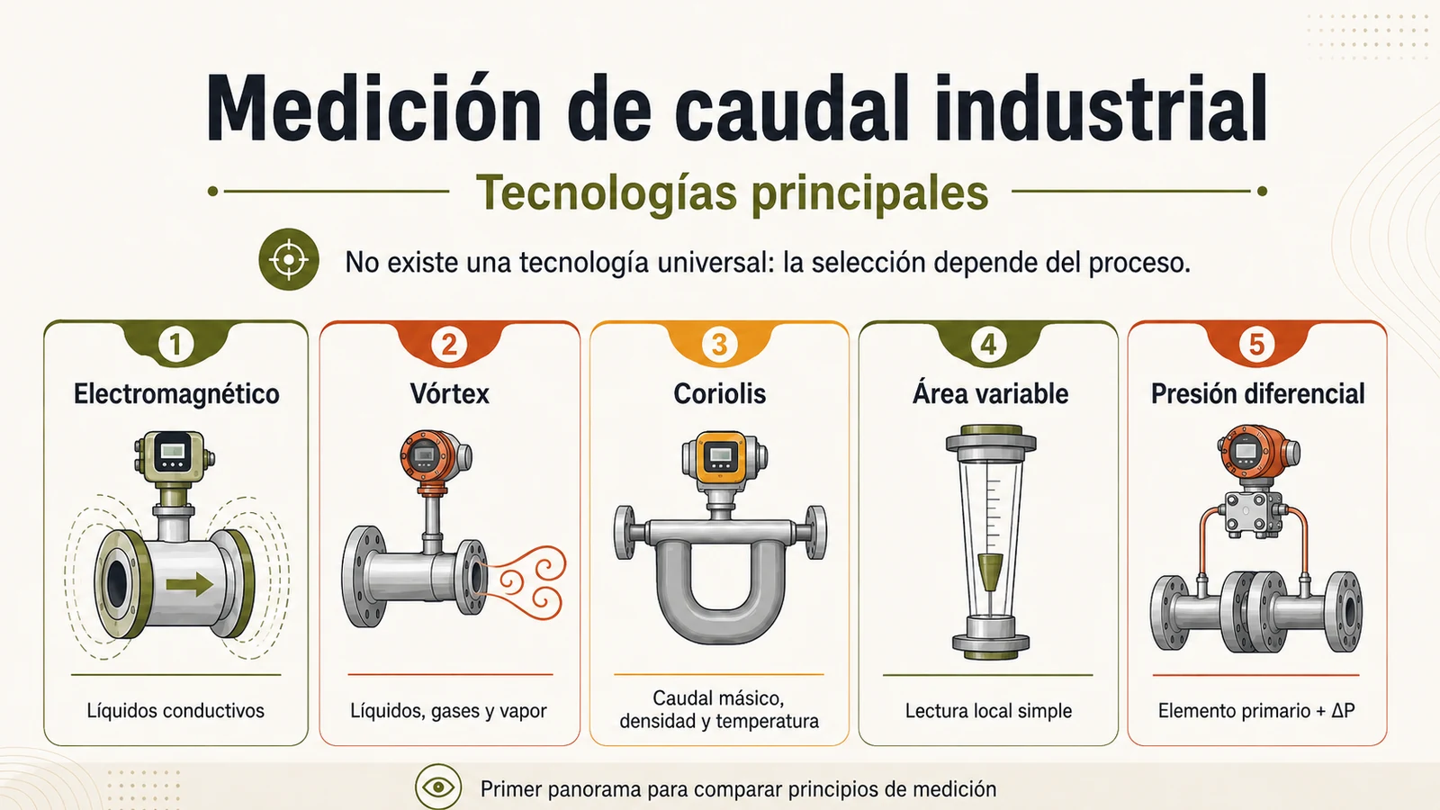 Principales tecnologías de medición de caudal industrial: electromagnética, Vórtex, Coriolis, área variable y presión diferencial.