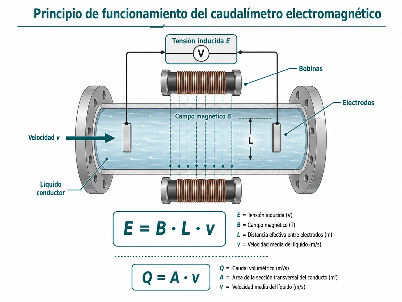 Principio de funcionamiento de un caudalímetro electromagnético mediante la Ley de Faraday.