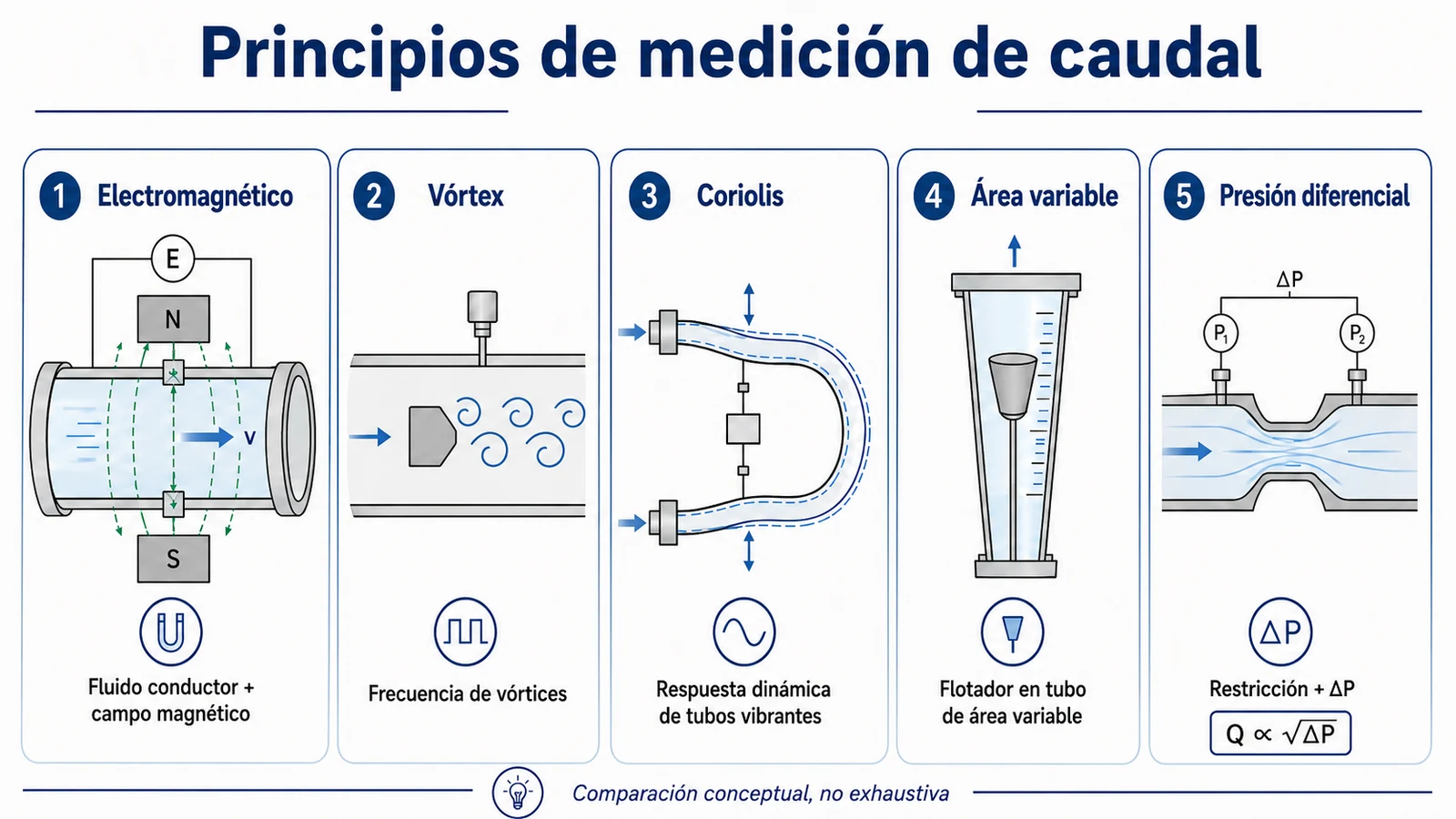 Comparación conceptual de los principios electromagnético, Vórtex, Coriolis, área variable y presión diferencial para medir caudal.