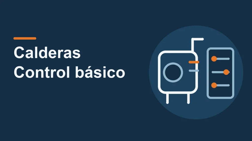 Caldera conceptual junto a un panel con tres controles para representar funciones básicas de automatización.