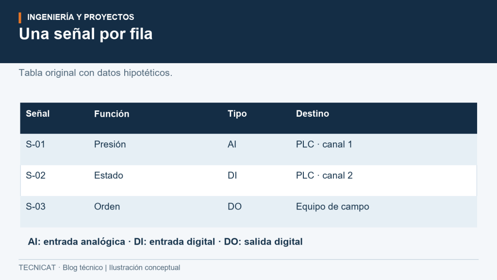 Lista de tres señales hipotéticas que diferencia entrada analógica, entrada digital y salida digital.