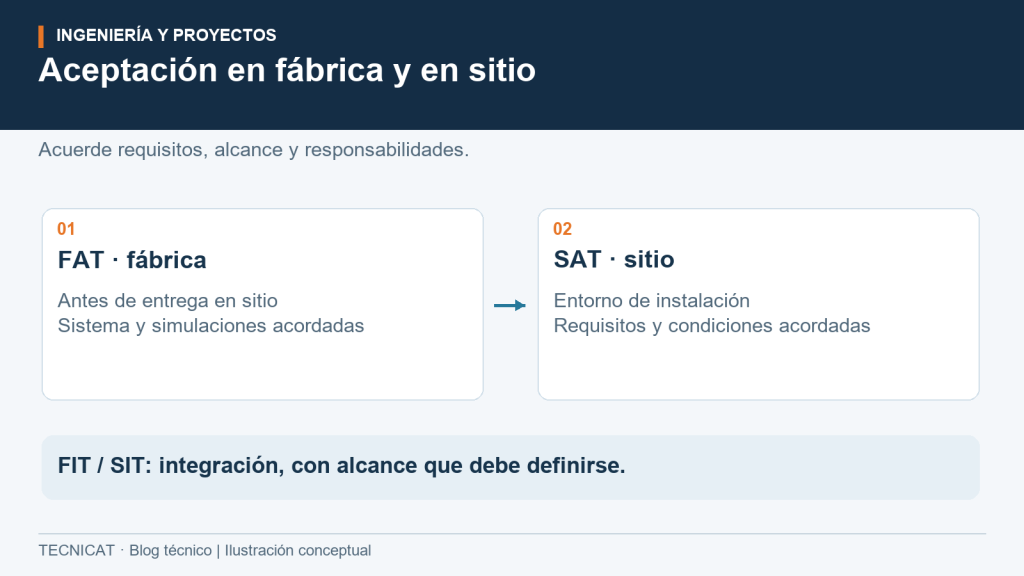 Dos etapas de aceptación distinguen FAT en entorno de fábrica y SAT en el sitio de instalación, con límites de simulación.