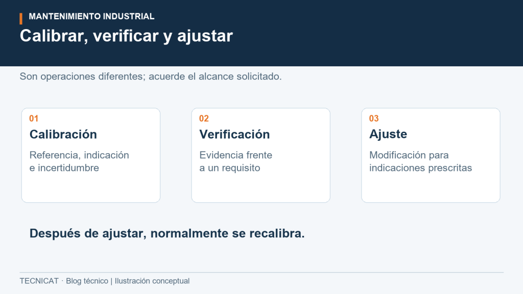 Tres bloques distinguen relación de calibración, comprobación de requisitos y modificación por ajuste.