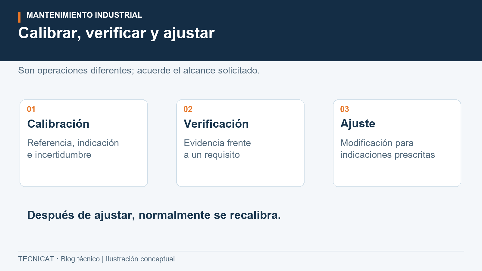 Tres bloques distinguen relación de calibración, comprobación de requisitos y modificación por ajuste.