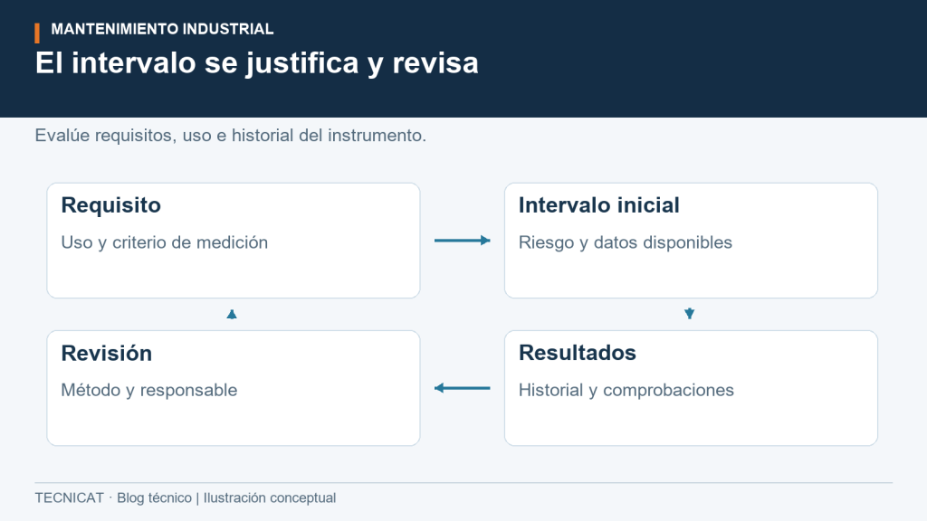 Ciclo documental entre requisito, intervalo inicial, resultados y revisión del programa de calibración.