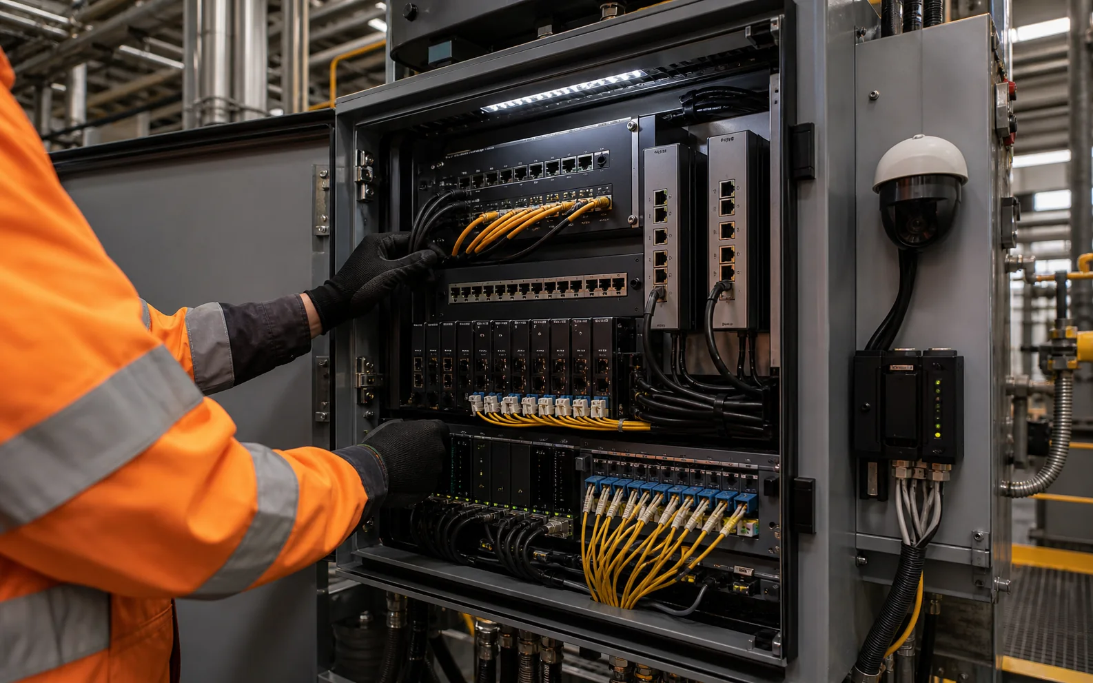 Gabinete de telecomunicaciones industriales con red, cableado y CCTV en planta